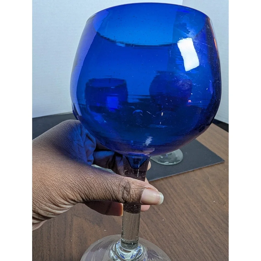 Cobalt Handblown Set of 3 Wine Goblet Glasses Blue Heavy